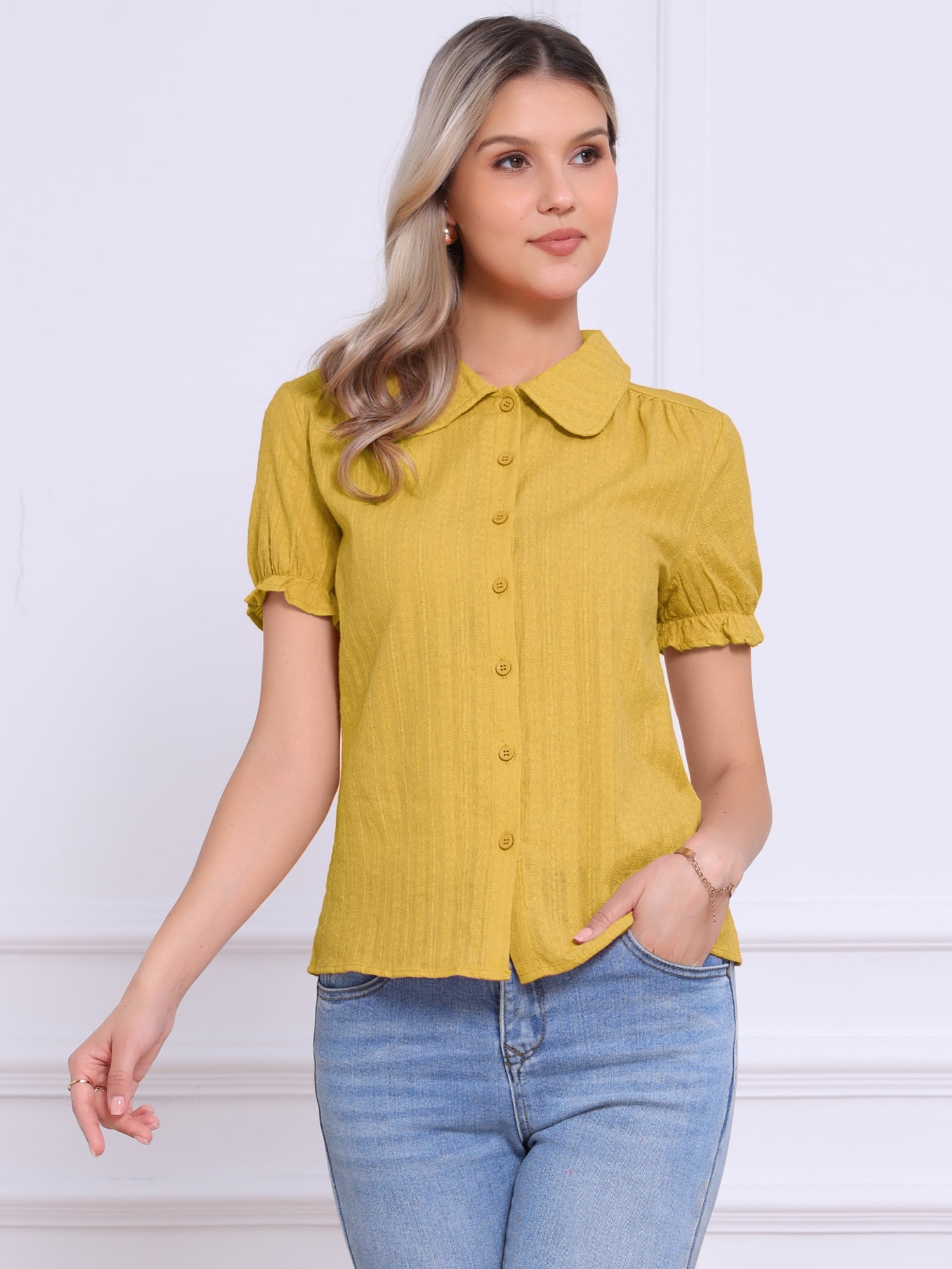 DARING DIVA Women's Collar Shirt Cotton Short Sleeve Button Down Shirt XL Ginger Yellow