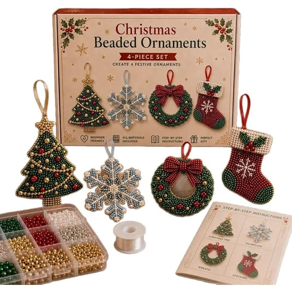 Christmas Beaded Ornament DIY Kit (4-Piece Set) | Beginner friendly, sorted beads & wire, step-by-step guide, festive craft gift
