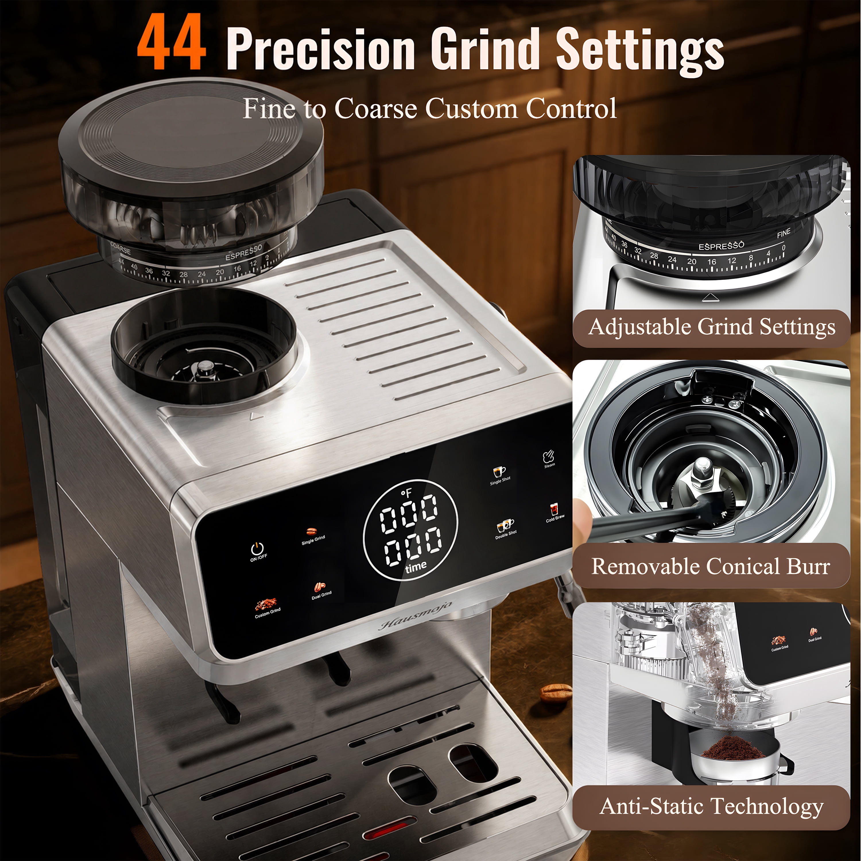 Hausmojo CM1620 Espresso Machine with Grinder and Frother, 20‑Bar Pump, Cold Brew, Latte & Cappuccino, Stainless Steel