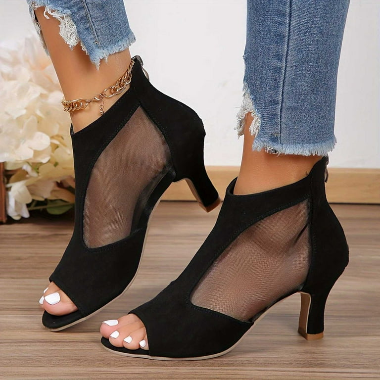 Lovskoo 2024 Women s Low Heels Ankle Boots Open Toe Summer Plus Size Low Heels Mesh Sexy Trendy Heels Black Walmart