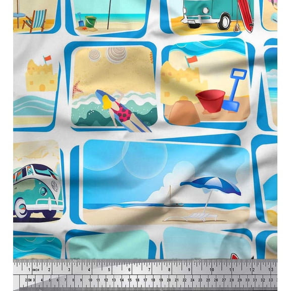 Soimoi Rayon Fabric Chair,Girl & Beach Surfboard Patchwork Print Fabric by The Yard 42 Inch Wide