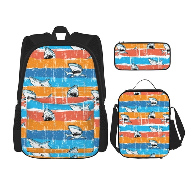 Easygdp Shark On Line Mochila para Niños y Niñas con Set de Caja de Almuerzo y Estuche para Lápices 3 en 1, Mochila Escolar Estampada para Adolescentes