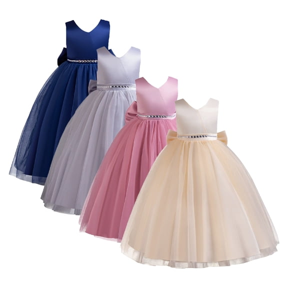 LYMAYTER Girls Dresses for Wedding Satin Tulle Princess Pageant Dress with Bow-Knot Prom Ball Maxi Gown 3-12Y