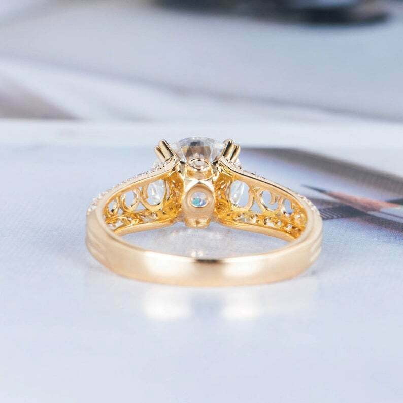 HeartsAndYou 1.5ct Round Cut Moissanite Engagement Ring for Women Filigree Solitaire 18k Yellow Gold over Silver