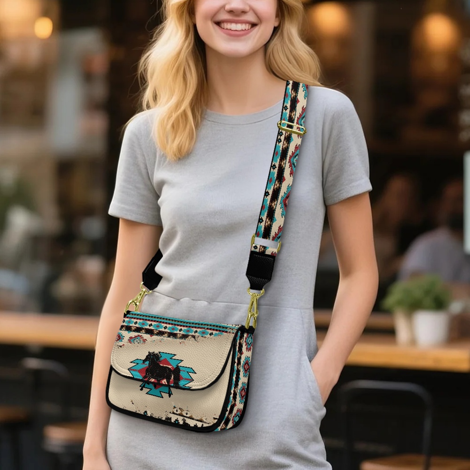 TSOVTHRID Aztec Tribal Horse Print Crossbody Purse for Women, PU Leather Cell Phone Purse, Trendy Crossbody Bags, Handbags Shoulder Bag for Travel Party
