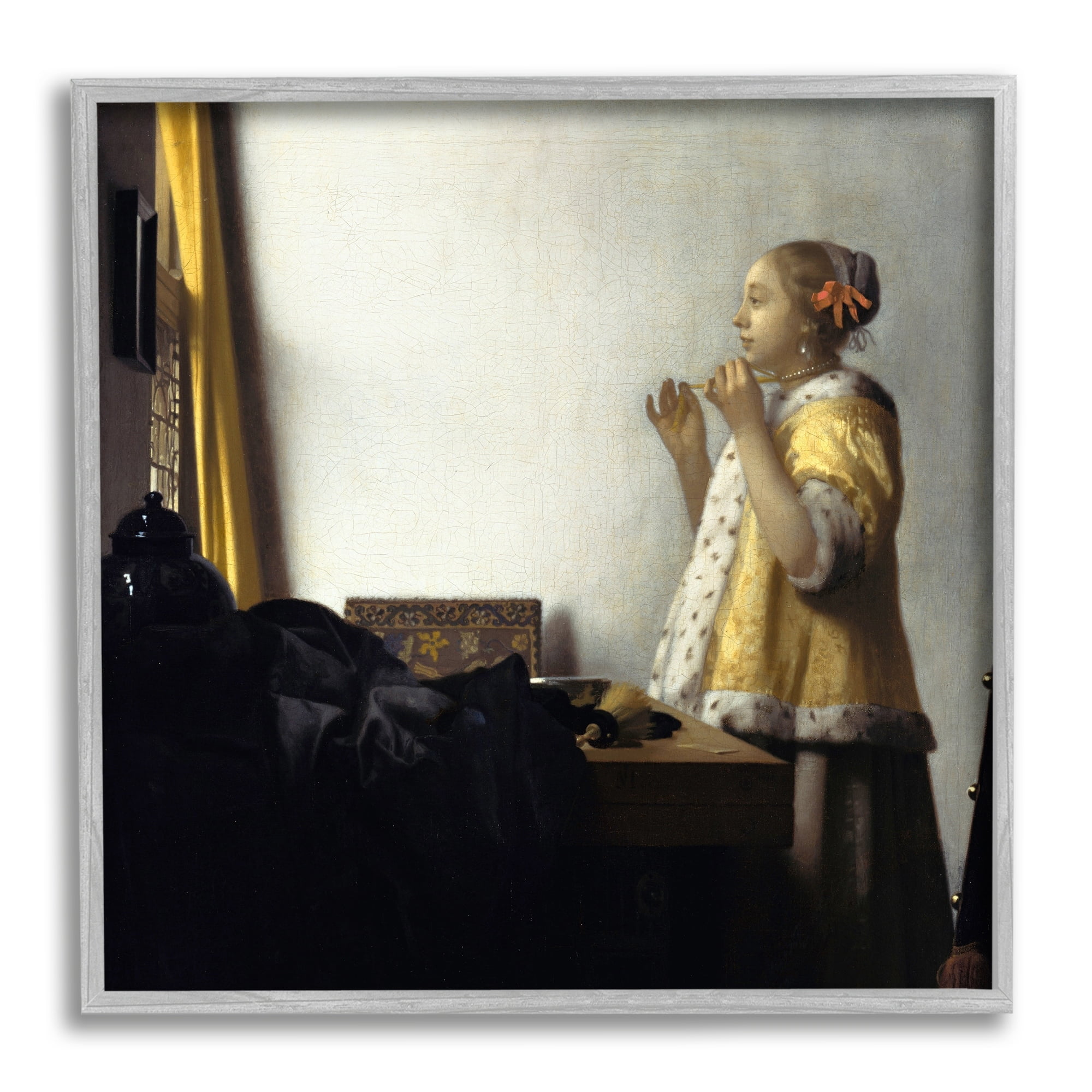 Stupell Industries Young Woman with a Pearl Necklas Johannes Vermeer Painting Painting Gray Framed Art Print Wall Art, Design by one1000paintings