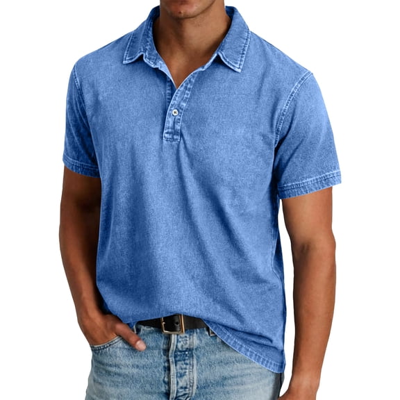 GrmtClth Men's Polo Shirts Distressed Washed Golf Stylish Shirts Short Sleeve Button Up Denim Shirt Workout Vintage Shirt Oversized Boxy Tee Shirts with Pocket Blue 3XL