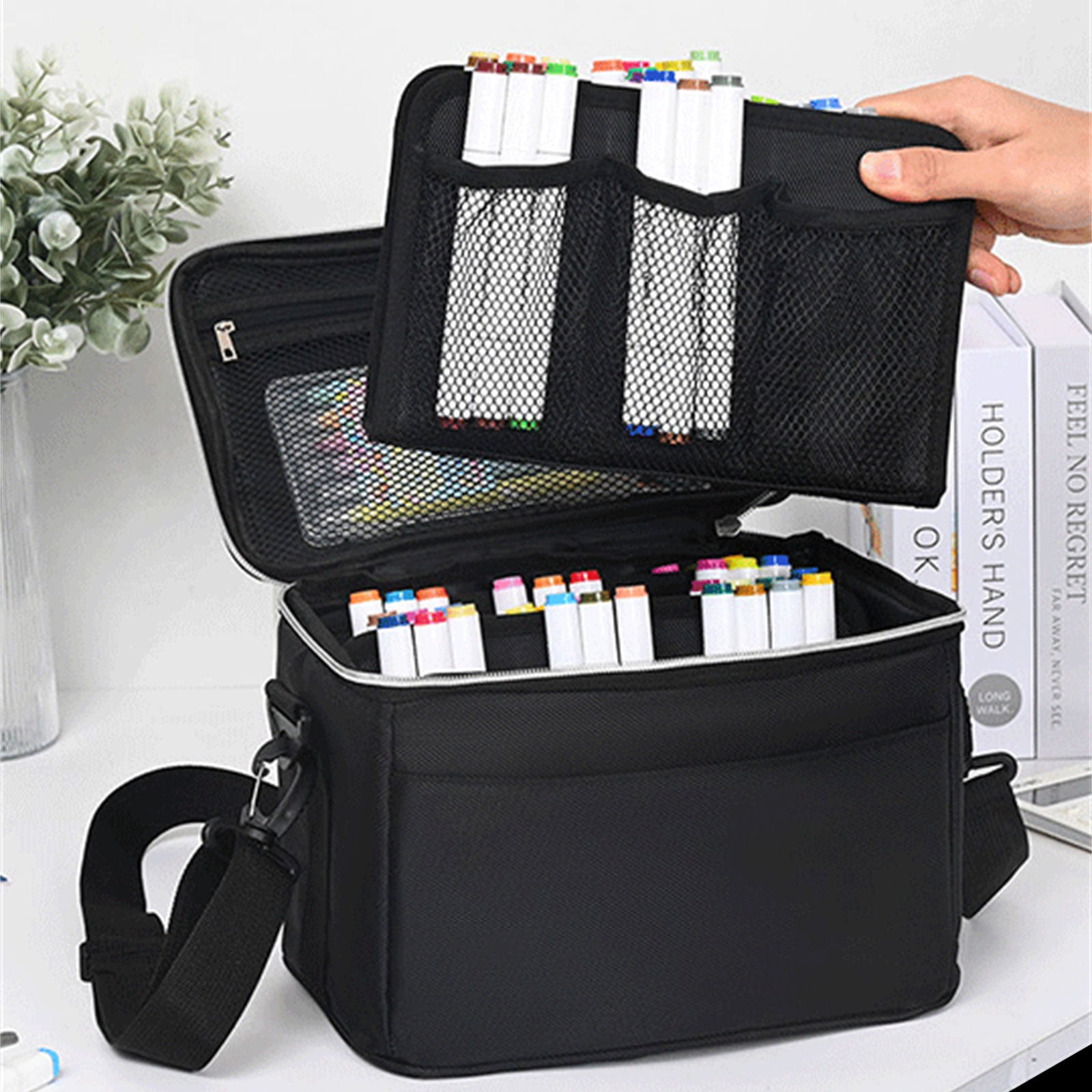 120 Slots Large Capacity Multilayer Marker Case with Shoulder Strap Portable Art Markers Carrying Bag Marker Organizers