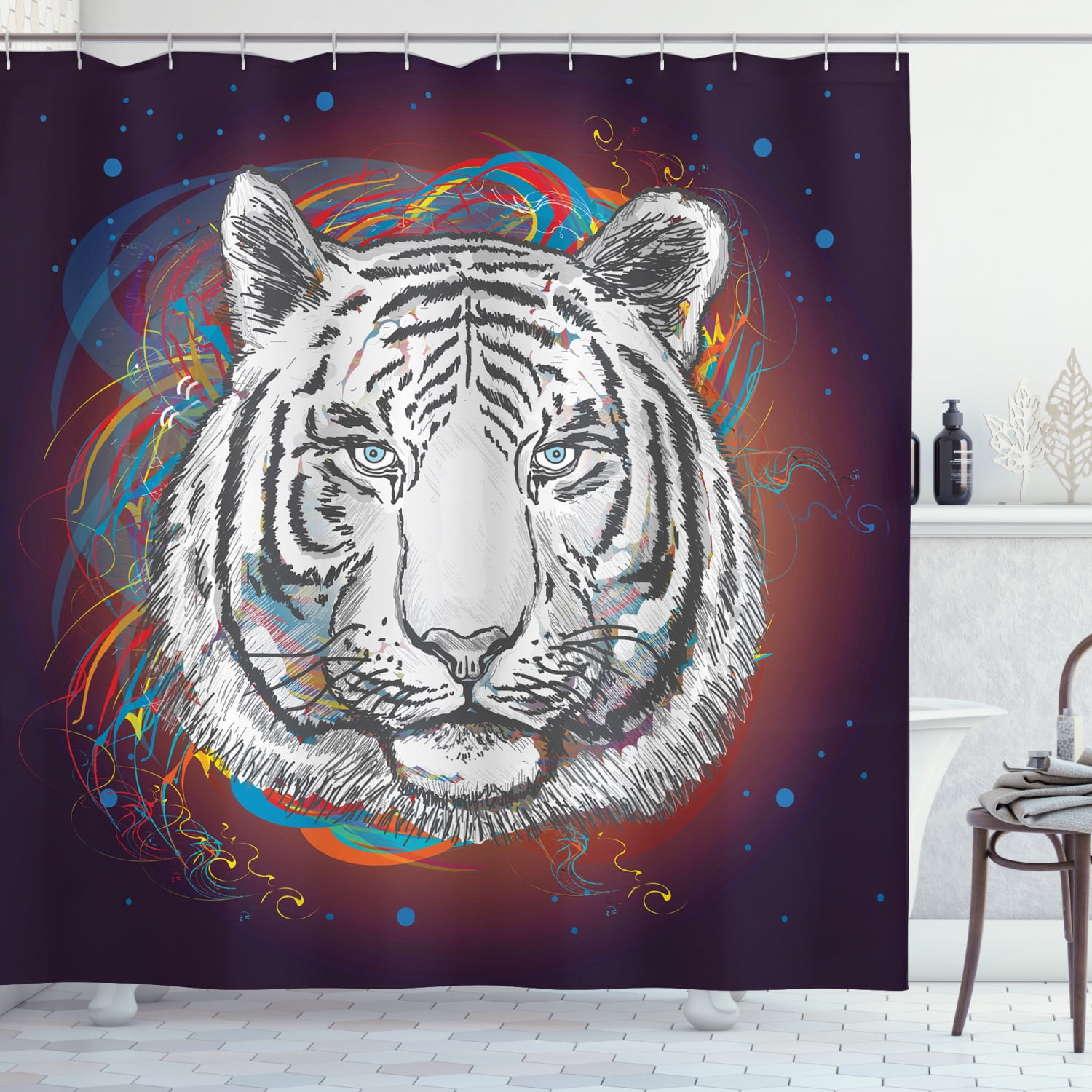 Wild Animal White Tiger Bathroom Shower Curtain Waterproof Fabric & Hooks 71*71" 