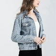 thumbnail image 3 of Women'S Pearl Denim Jacket Cropped Rhinestones Jean Jacket Coat Light Blue XXL, 3 of 7