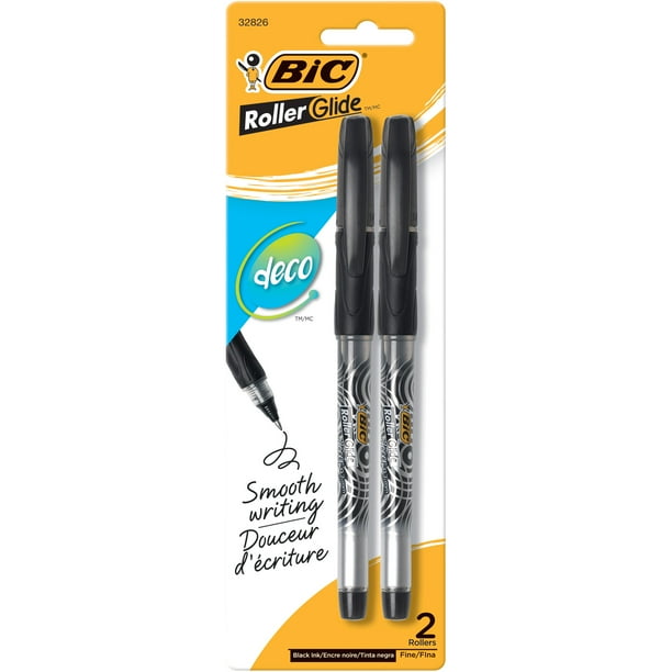 BIC Roller Glide Deco Roller Ball Pen, Fine Point (0.7 mm), Black, 2