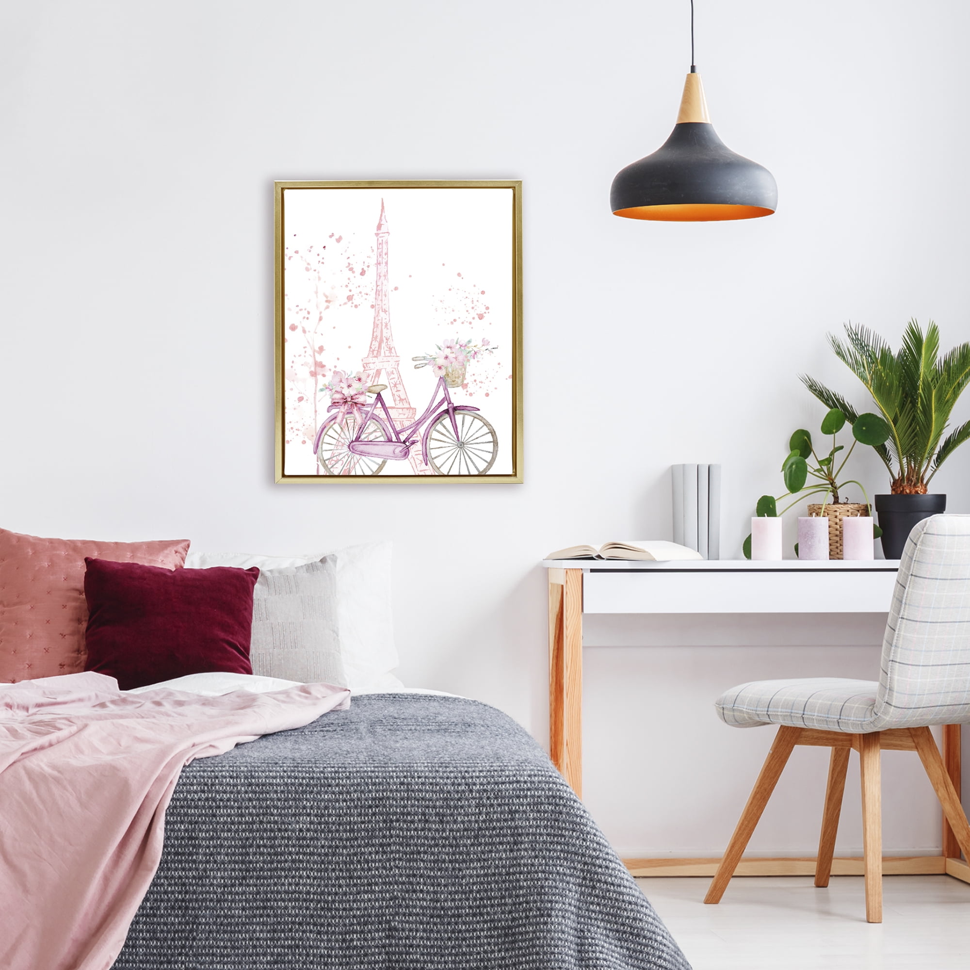 Parisian Bicycle & Modern Splatter Gold Framed Floater Canvas Wall Art, design by Kim Allen