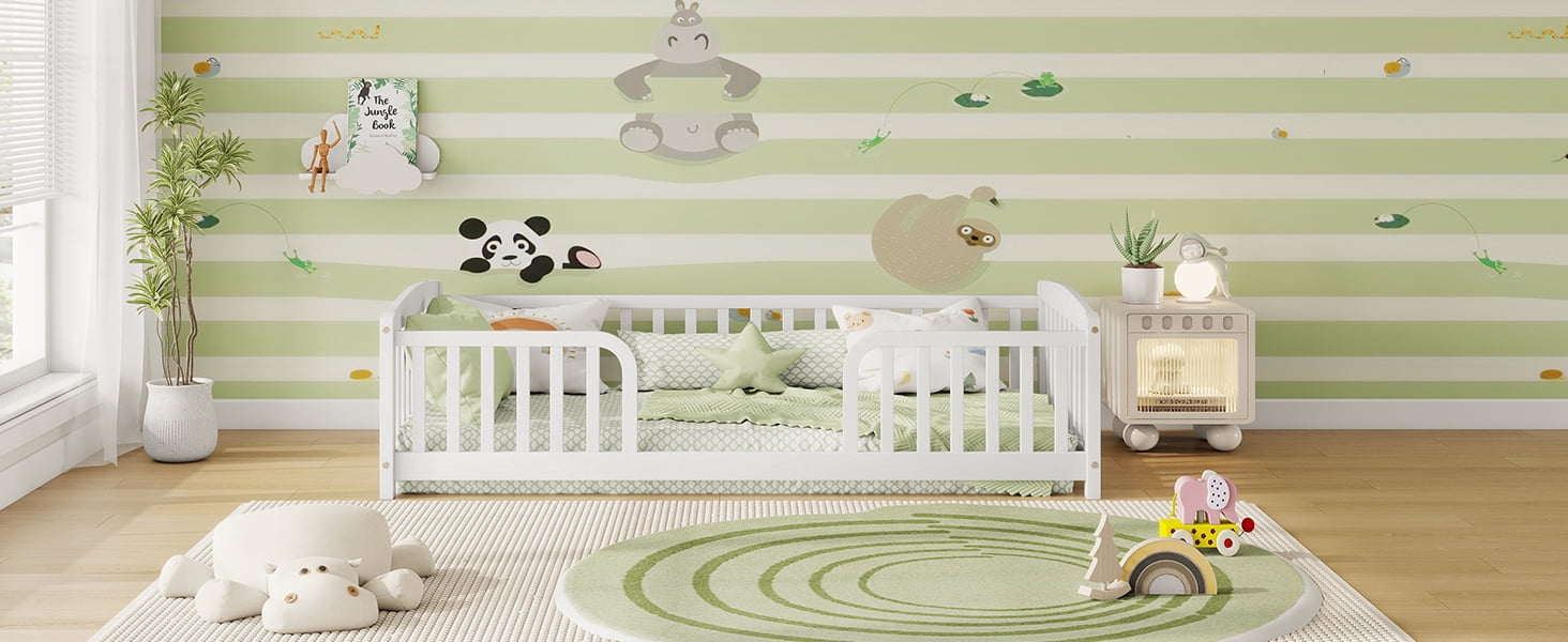 Mintazer Twin Size Toddler Floor Bed with Guardrails & Central Entrance, White