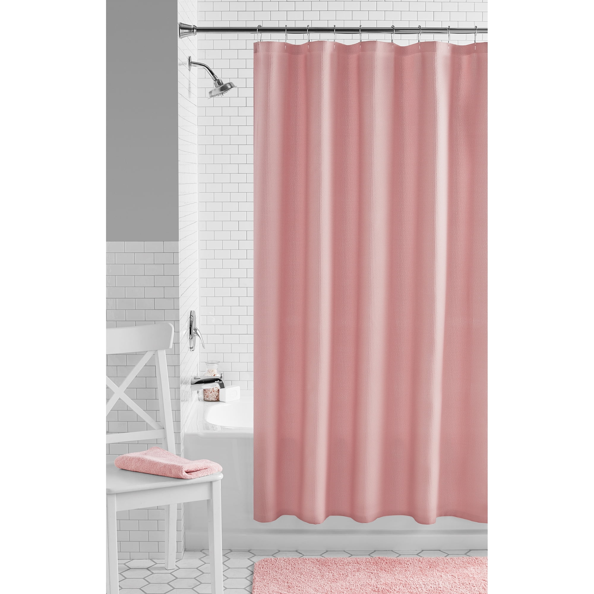 Mainstays Waffle Weave Textured Fabric Shower Curtain, 72" x 72", Dusty Rose Pink