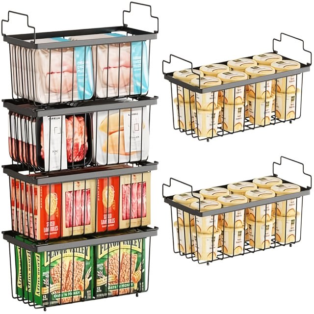 LEEYNEER 6pcs Stackable Freezer Organizer Bins with Handles - 14.6” x 7.1” x 5.2” - BPA-Free Metal Shatterproof & Easy-View Design for Deep Freezer Organization Perfect for Meat Vegeta