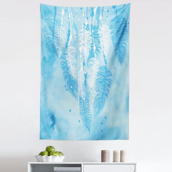 Tribal Tapestry, Watercolors Style Digital Made Feather Hanging down in Picture Aztec, Fabric Wall Hanging Decor for Bedroom Living Room Dorm, 5 Sizes, Blue White, by Ambesonne
