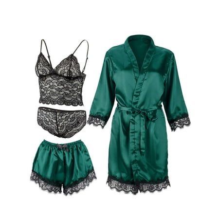 Deago 4 Pcs Women s Satin Pajama Set Floral Lace Trim Cami Lingerie Sleepwear with Robe (Green  L)