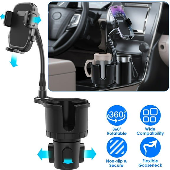 Moclever 2 in 1 Car Cup Holder Car Phone Mount Automotive Drink Holder with 360° Rotating Gooseneck Phone Mount Adjustable Base Fit for Most Phones Cups Vehicles