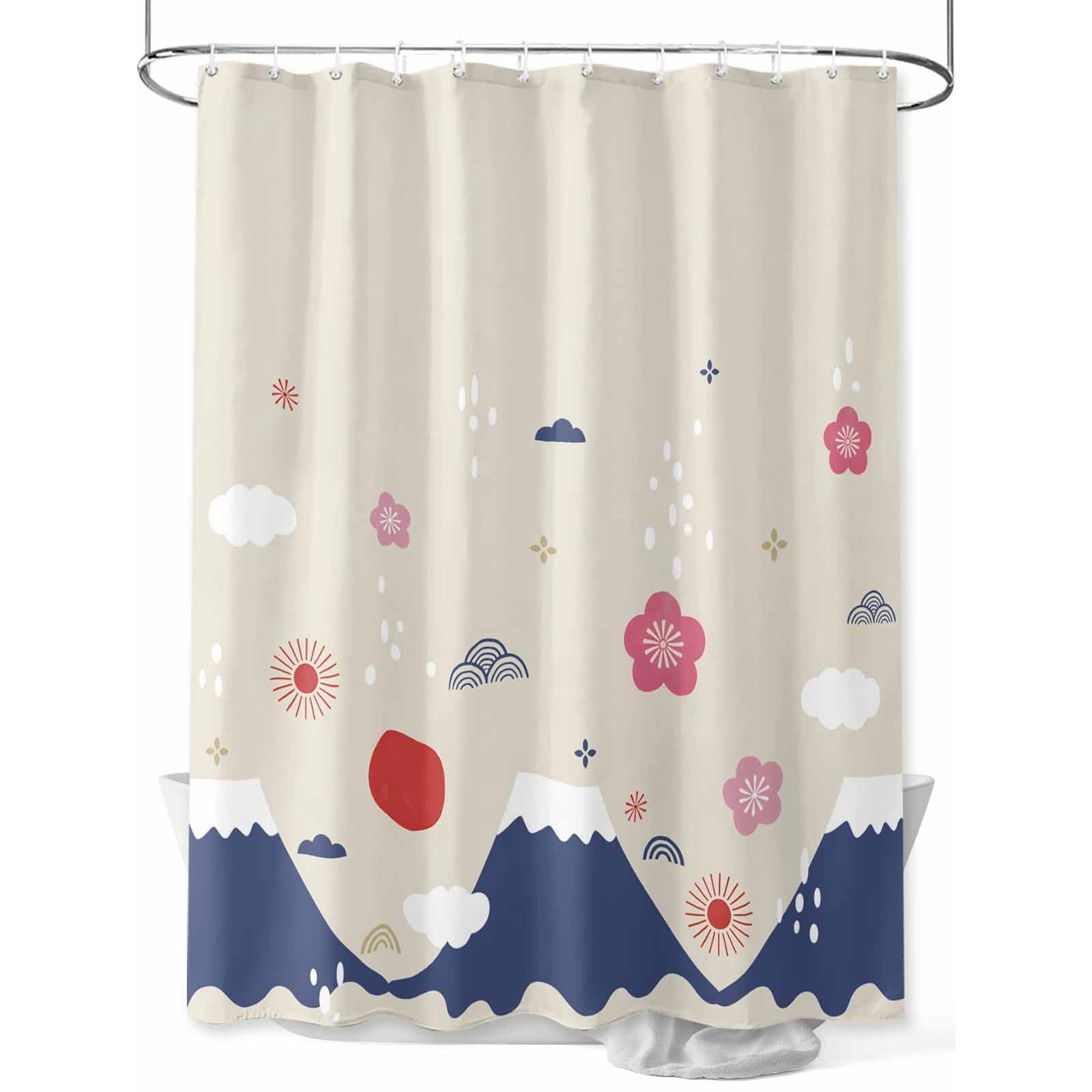 Fsddascl Japanese Cherry Shower Curtain Set - Small 36" x 72" Washable Bathtub Curtain with 12 Hooks, Blue Mountain Fuji Cartoon Sun Waves Cloud Waterproof Fabric Stall Shower Curtains for Bathroom