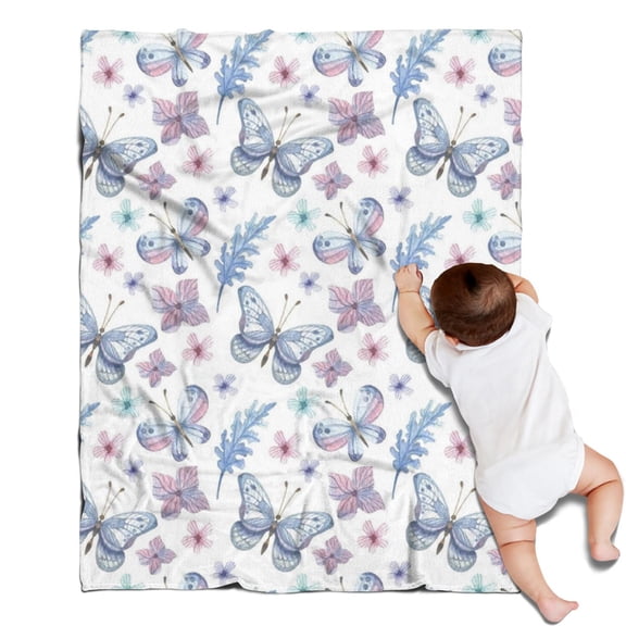 Watercolor Butterfly Flower Leaf White Pattern Blanket,Comfortable Soft Flannel Throw Blanket,All Season,Warm Lightweight Blankets for Sofa Bed Couch Living Room Chair,30"x40"