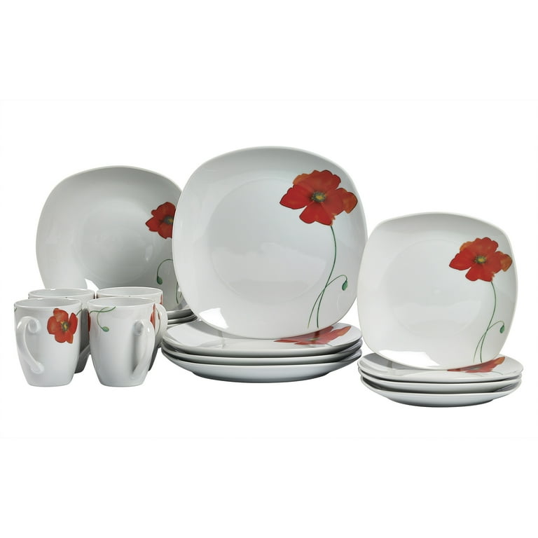 Tabletops Gallery Poppy Square 16 Piece Dinnerware Set, Floral