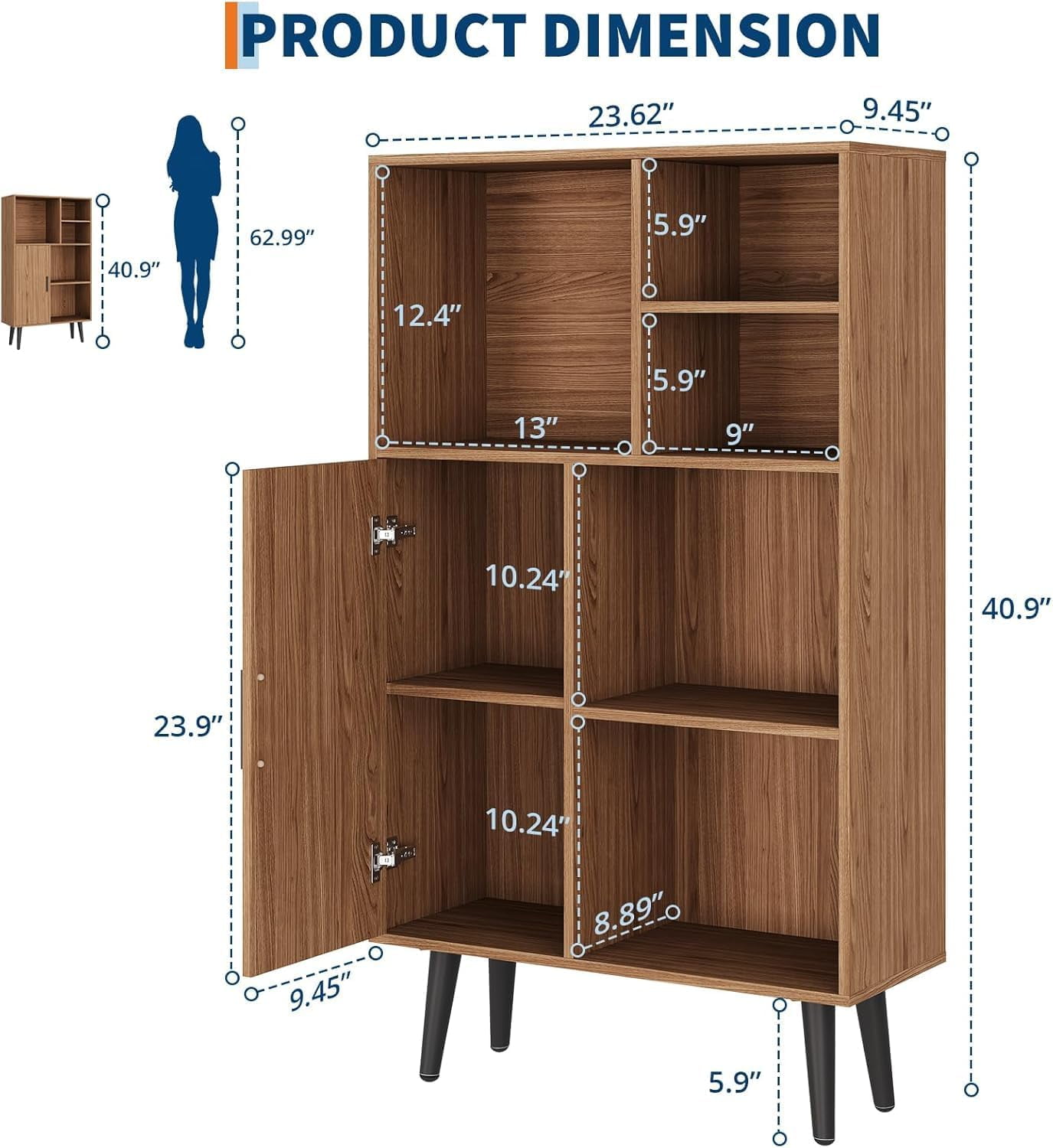 4 Tier Mid-Century Small Bookcase with Legs, Freestanding Wood Short Bookshelf with Door, Multi-Functional Walnut Cube Storage Organizer for Living Room, Bedroom, Home Office