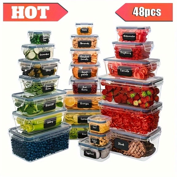 48pcs Food Storage Container Set - Airtight Plastic with 24 Lids 24 Containers for Pantry Travel Kitchen Organization