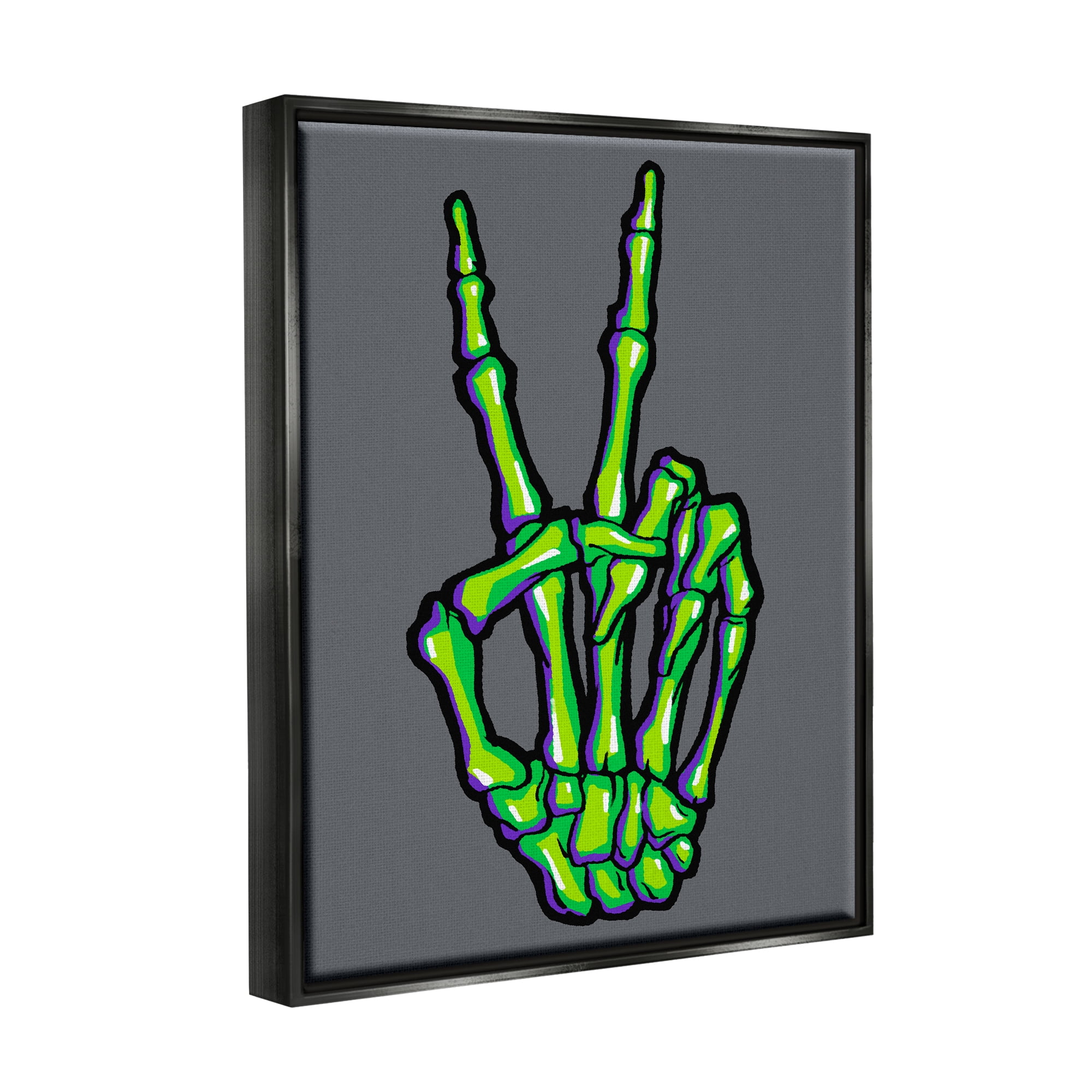 Stupell Industries Green Skeleton Peace Hand Holiday Painting Black Floater Framed Art Print Wall Art, 25 x 31