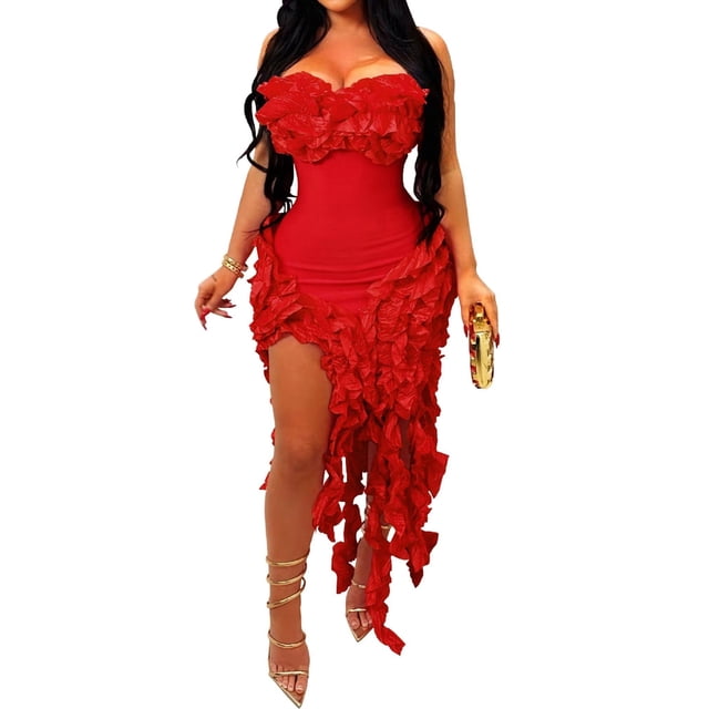 Vestido sexy de IyMoo, blanco, ajustado, con volantes, sin tirantes, color rojo S