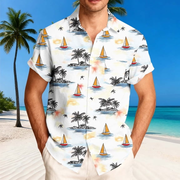 lcziwo Beach Shirts for Men Big and Tall Print Summer Casual Short Sleeve Tee Hawaiian Button Down Lapel T-Shirt White M