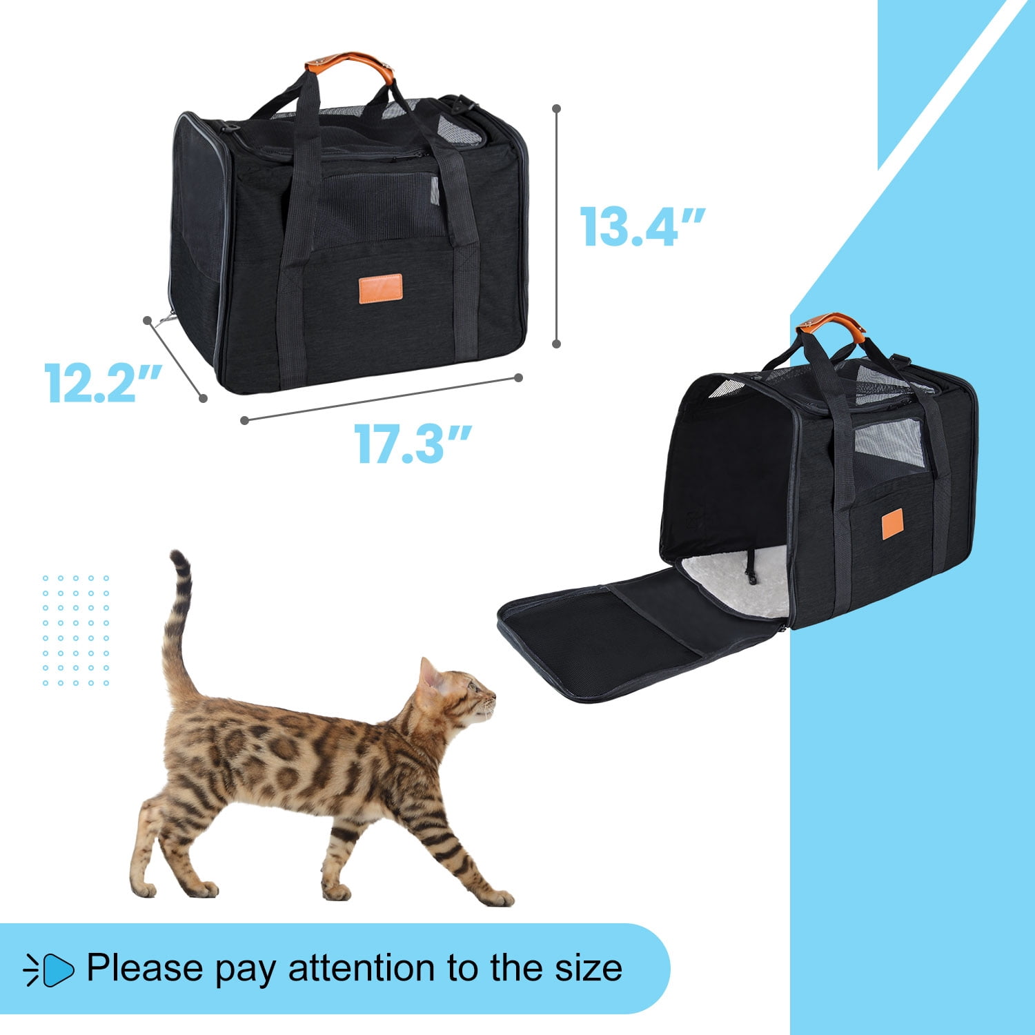 Cat Carrier Bag, AndHot Cat Carrying Case Pet Dog Carrier Soft-Sided Cat Bag Airline Approved for Medium Small Cats and Puppy up to 18lbs, Pet Carrier with Safety Zippers,Black
