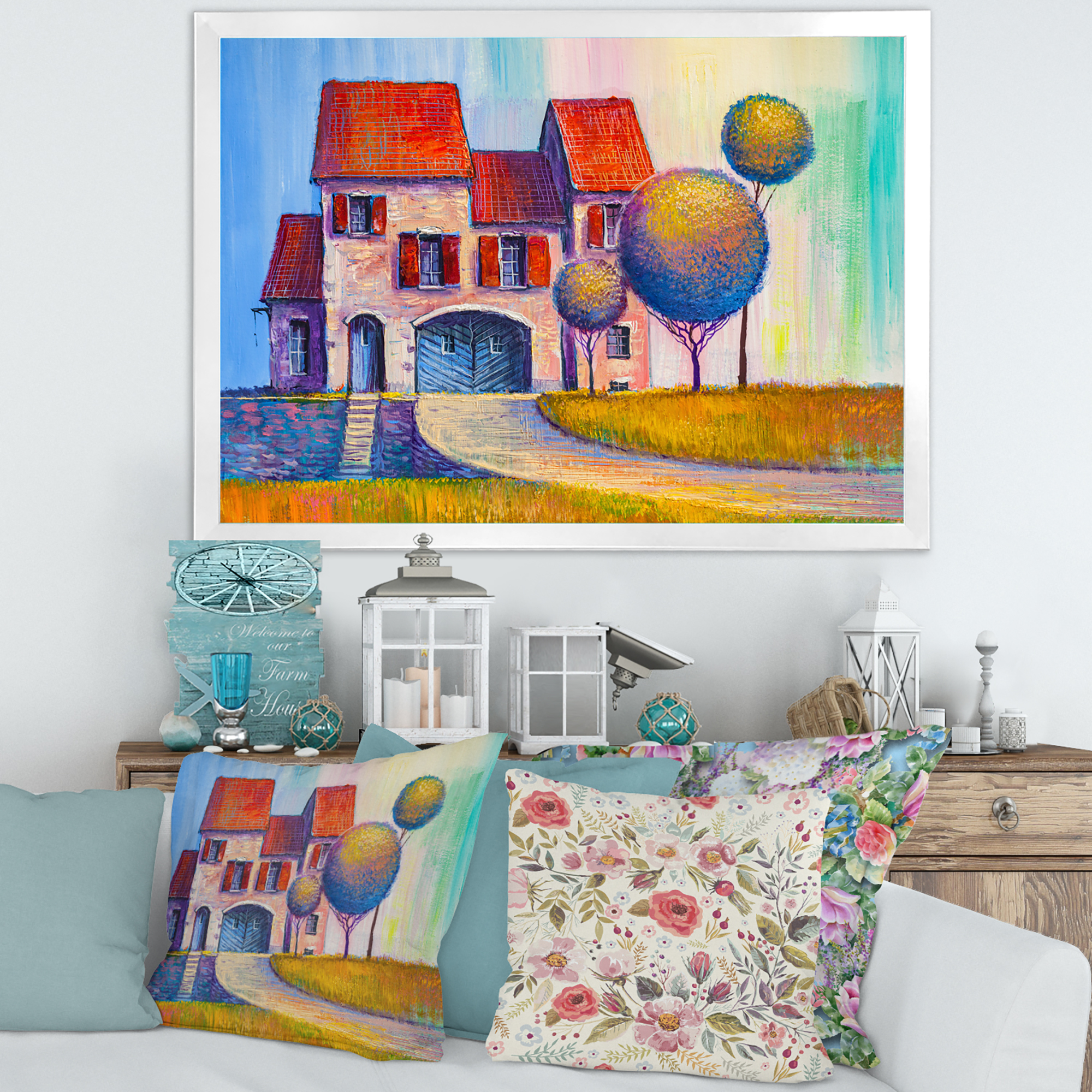 Designart 'A Red Roof House With In The Village' Modern Framed Art Print