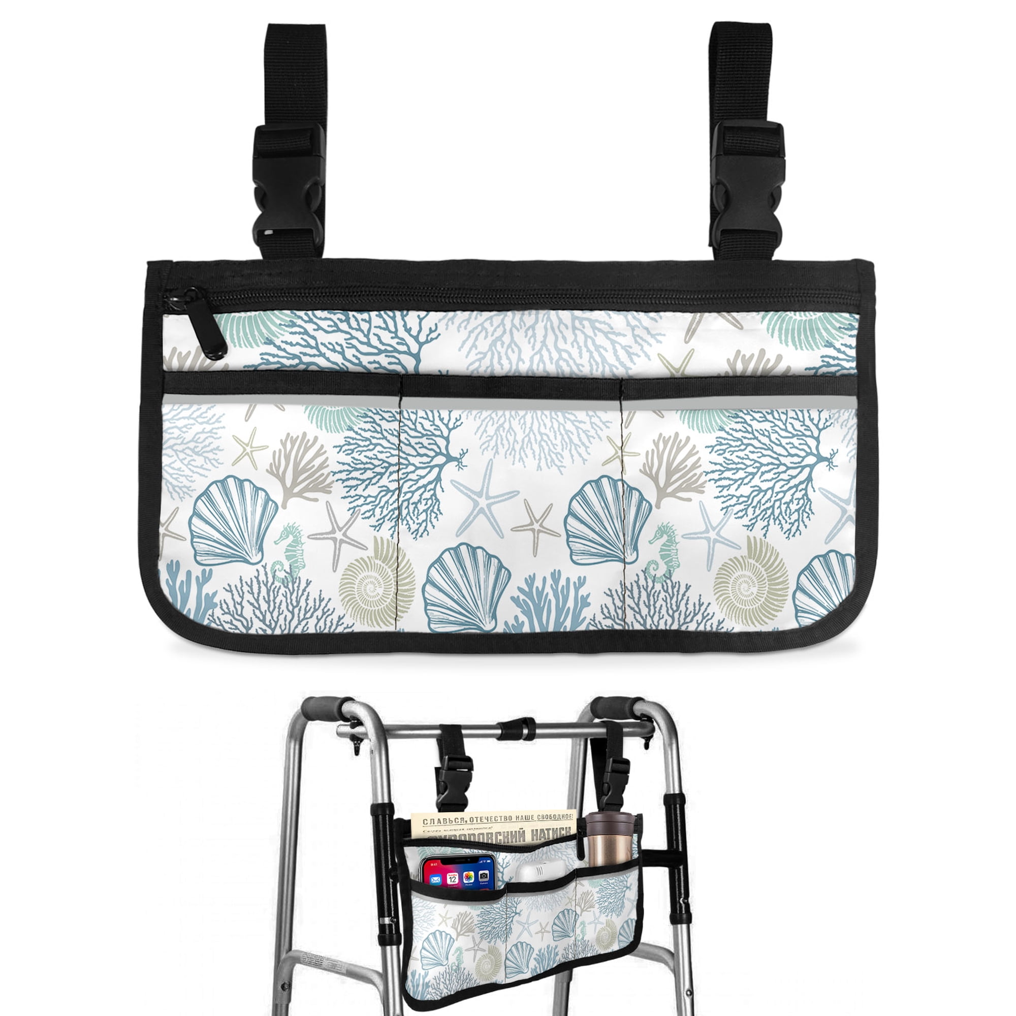 Light Blue Teal Coastal Wheelchair Side Bag Walk Bag Basket, Summer Beach Coral Shell Ocean Wheelchair Accessories Armrest Pouch, Organizer Storage Bags for Walkers, Rollators, Scooters, 7.3"x13"