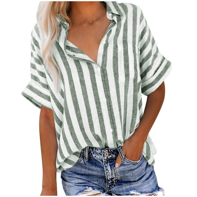 Yuyuzo Blouses pour Femmes Chemises à Rayures Boutonnées Manches Courtes Col Décontracté Bureau Travail Hauts