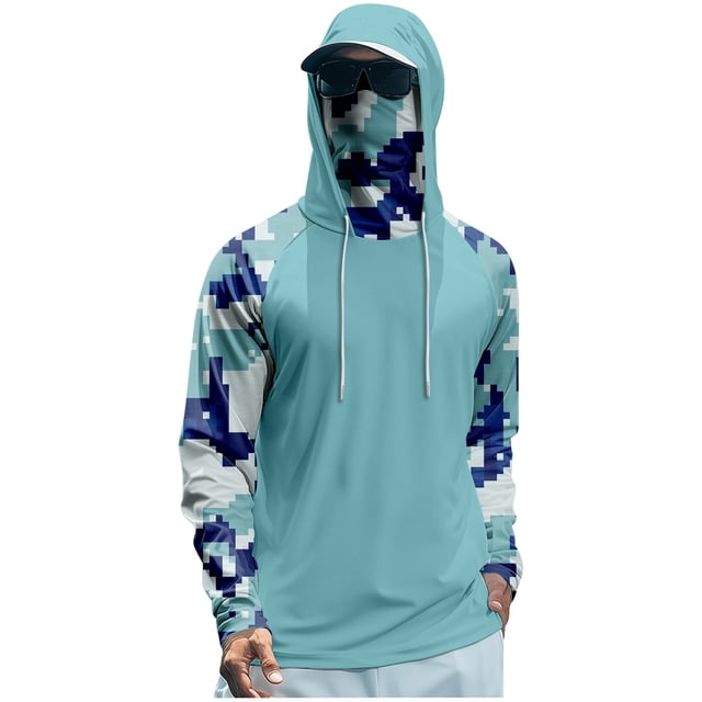 CHCNHAC Men's Sun Protection Shirts with Face Mask Upf 50+ Sun Protection Fishing Blouses Light Weight Long Sleeve Hiking Running Swimming Rash Guard Hoodies M