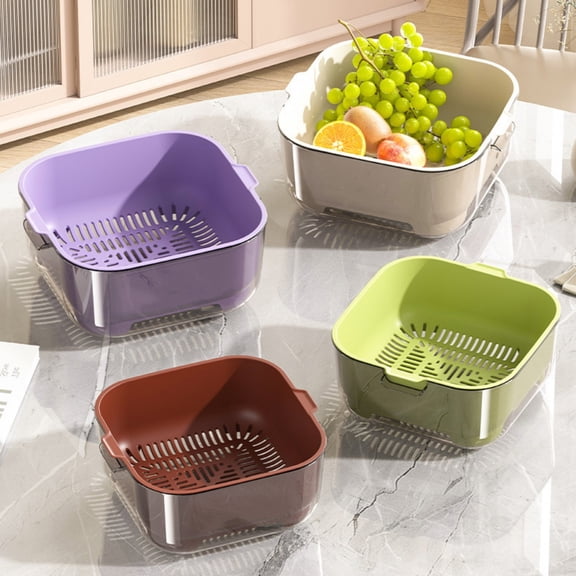 Double Layer Colander Two Tier Wash Basin, Plastic Kitchen Fruit Vegetable Rinsing Draining Container, Multifunctional Food Washing Basket for Daily Household Meal Prep, Brown