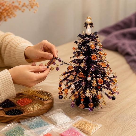 DIY Beaded Christmas Tree Kit with Lights, 3D Crystal Bead Craft Set for Adults, Colorful Beads, Ornament Charms, Metal Frame and Angel Topper for Tabletop Holiday Decor