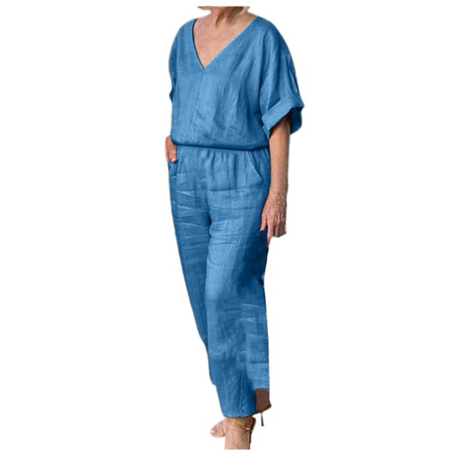 Conjunto deportivo de color liso para mujer: mezcla de lino y algodón con cuello en V para primavera/verano, disponible en varios colores