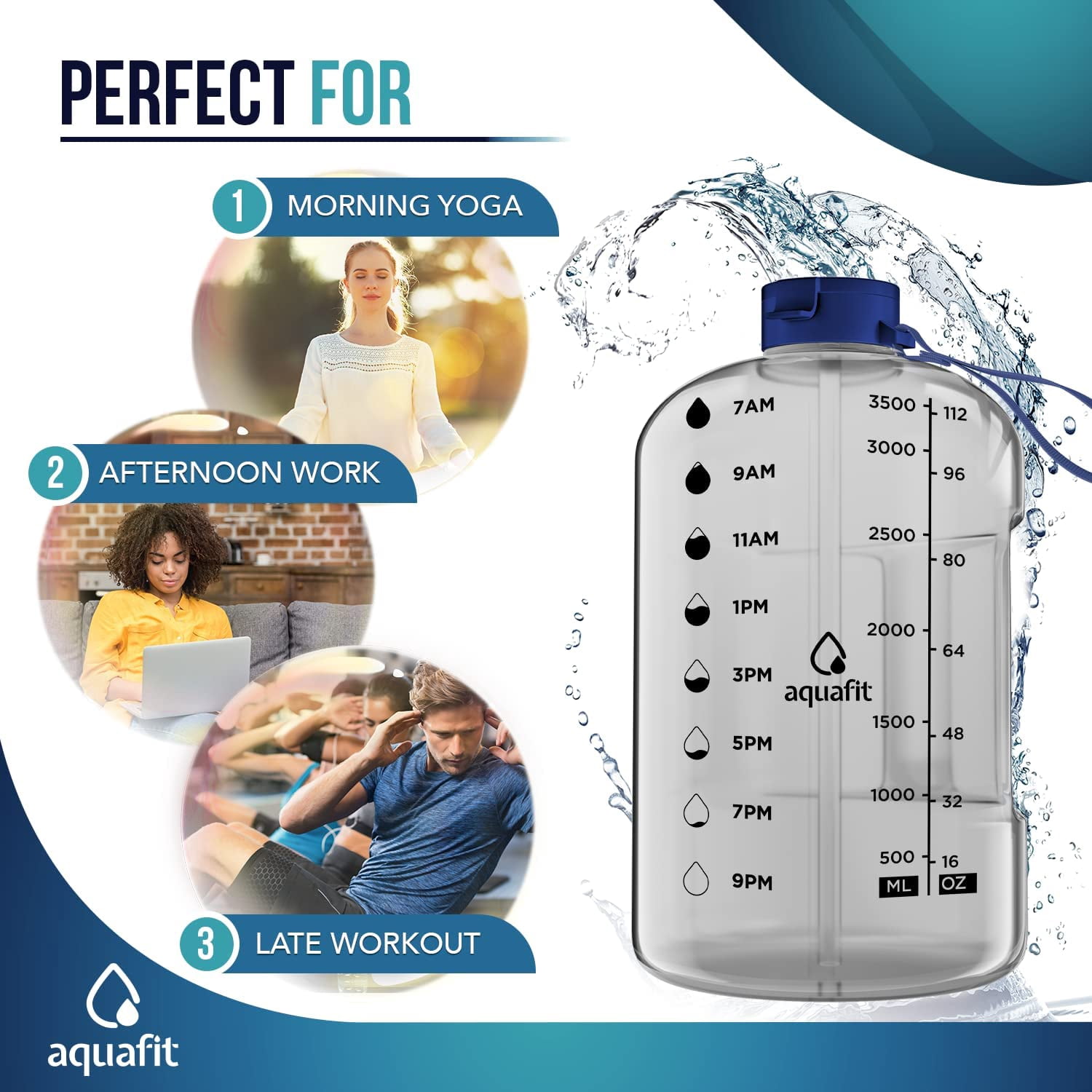 AQUAFIT - Water Bottle with Straw - Motivational Water Bottle, Big Water Bottle with Time Marker - 1 Gallon, Clear