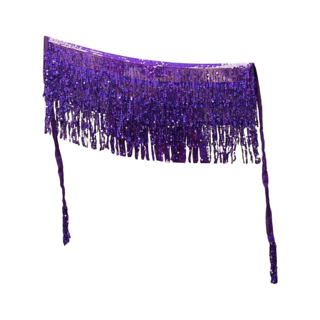 Falda de danza del vientre bohemia con lentejuelas, flecos y borlas con purpurina para disfraz Violeta