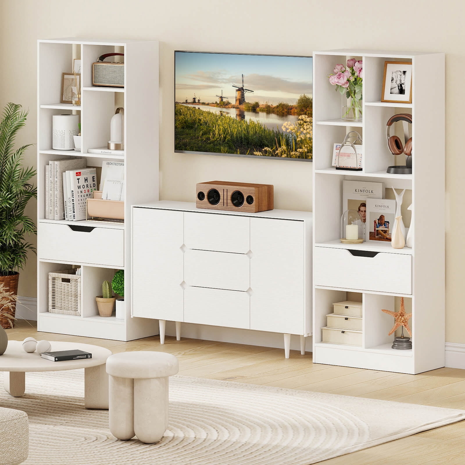 Costway 2 PCS 51” Tall Bookcase with Drawer 7 Open Cubes Anti-toppling Kits for Study Home White