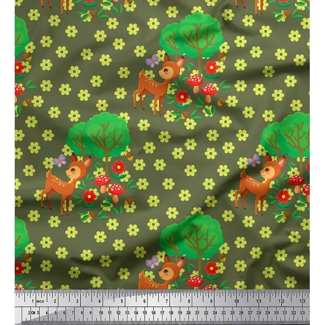 Soimoi Viscose Chiffon Fabric Floral,Tree & Deer Kids Decor Fabric Printed Yard 42 Inch Wide