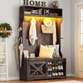 thumbnail image 2 of ChVans 75''H LED Farmhouse Hall Tree w/ Bench & Shoe Storage, Brown Hall Tree Entryway Bench w/ Coat Rack, 12 Shoe Cabinet, Umbrella Holder&Sock Storage Drawer, Mudroom, Hallway, 2 of 7