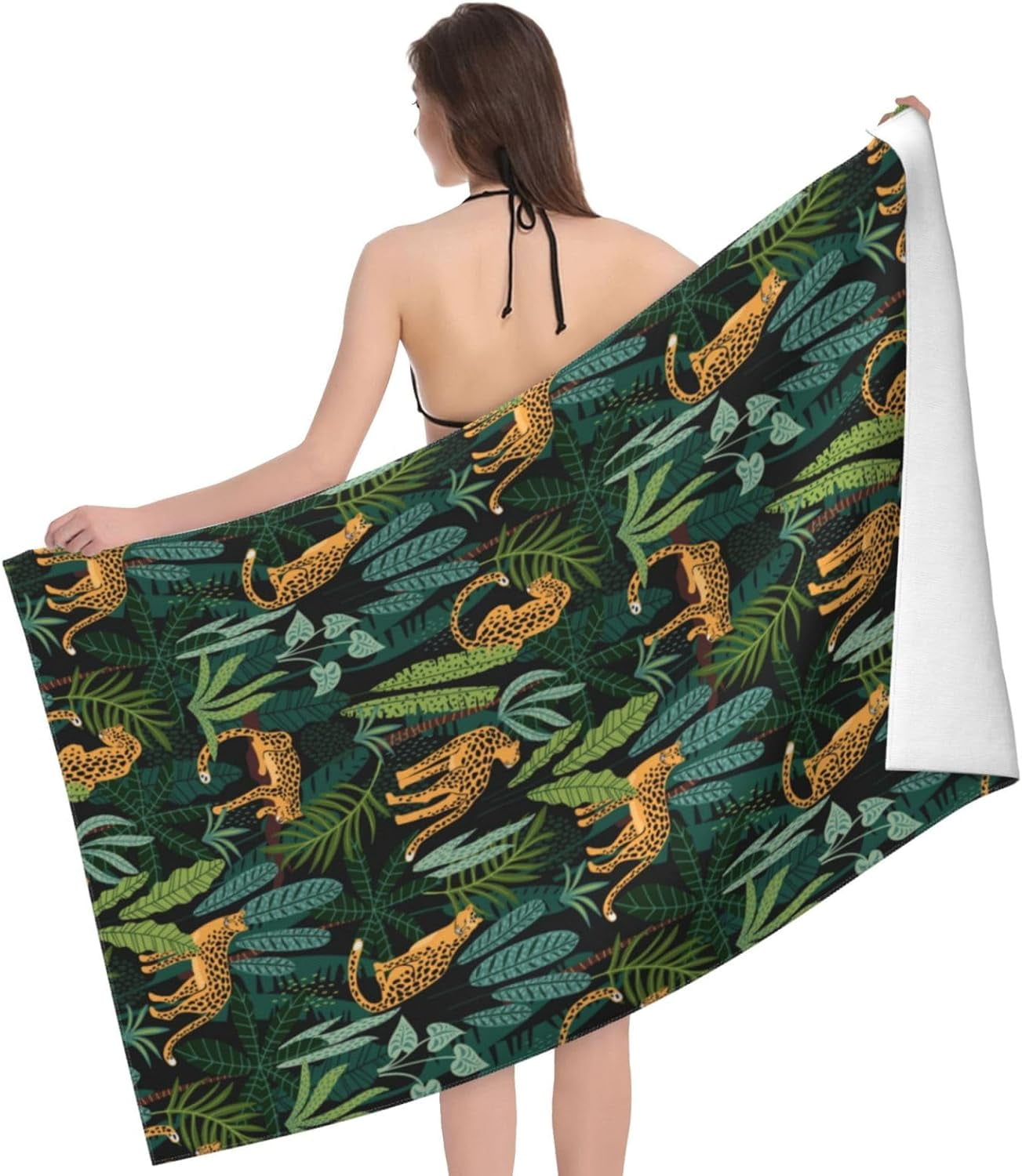 Leopard Print Towels Wild Animal Leopard and Tropical Leave Spots Beach Bath Towel Soft Absorbent Microfiber Hand Towels for Hair Spa Hotel 52x32 Inch Trendy