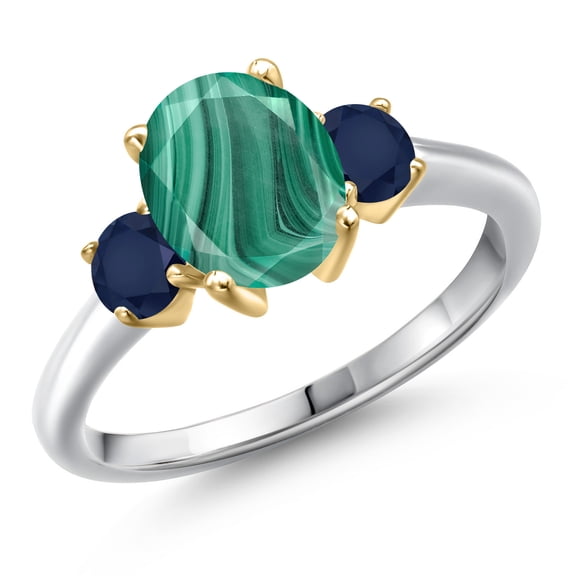 Gem Stone King 925 Silver and 10K Yellow Gold Green Malachite and Blue Sapphire Engagement Ring for Women | 3.20 Cttw | Oval 9X7MM | Gemstone Birthstone | Size 6