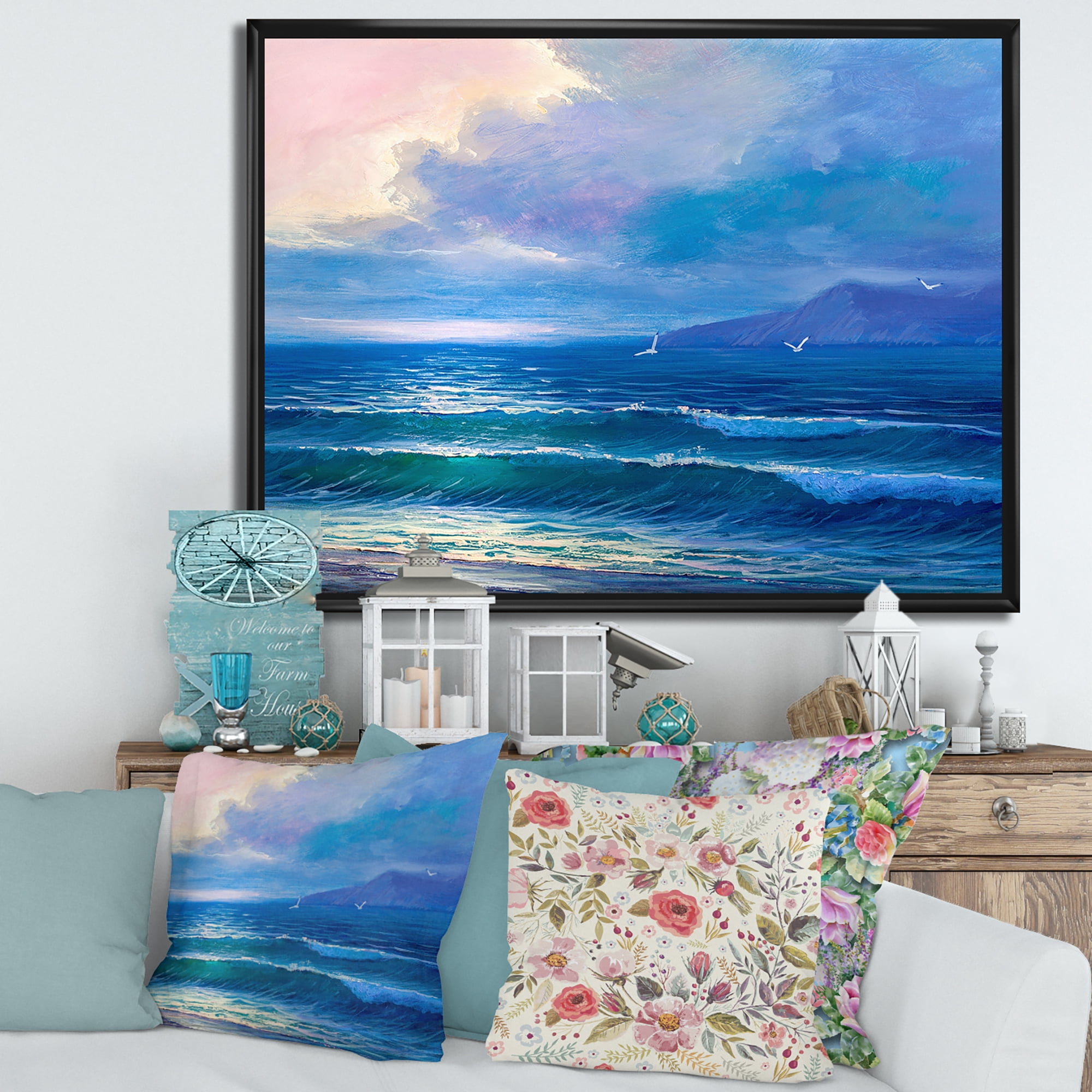 Sunrise Glow On The Sea Waves I 32" x 16" Framed Painting Canvas Art Print, by Designart