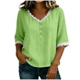 thumbnail image 2 of Otntypg Womens Linen Tops Elbow Length Sleeve Lace Trim Button V Neck T-shirt Dressy Casual Work Blouses Summer Outfits Beach Vacation Tunic Tees Shirt Green XXL, 2 of 7