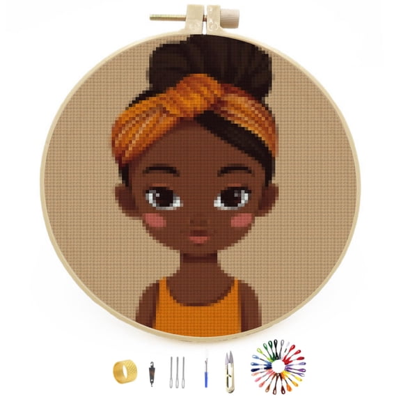 DIY Stamped Cross Stitch Kits Little African Girl Easy for Beginners with Hoop 11CT Counted Embroidery Needlepoint Crafts Arts for Handmade Enthusiasts and Home Decor 30x30cm(1)