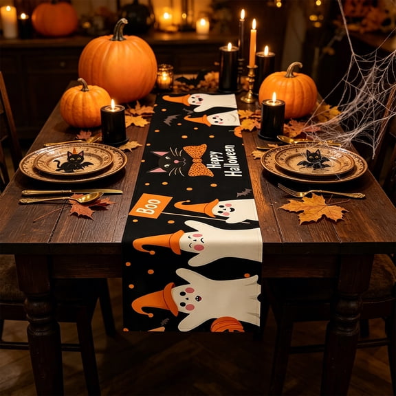 Halloween Pumpkin Linen Table Runner, 13x74 Inch Multicolor Fall Tablecloth, Rustic Farmhouse Dining Table Flag & Party Decor