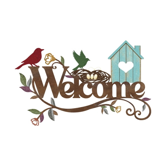 ESTART Vintage Metal Welcome Sign, Bird Branch Leaves with Floral Silhouette Wall Decor for Living Room Garden Indoor Outdoor